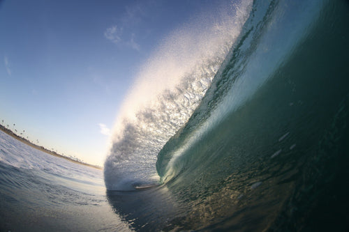 A steep blue wave face lit from behind with a curved horizon line