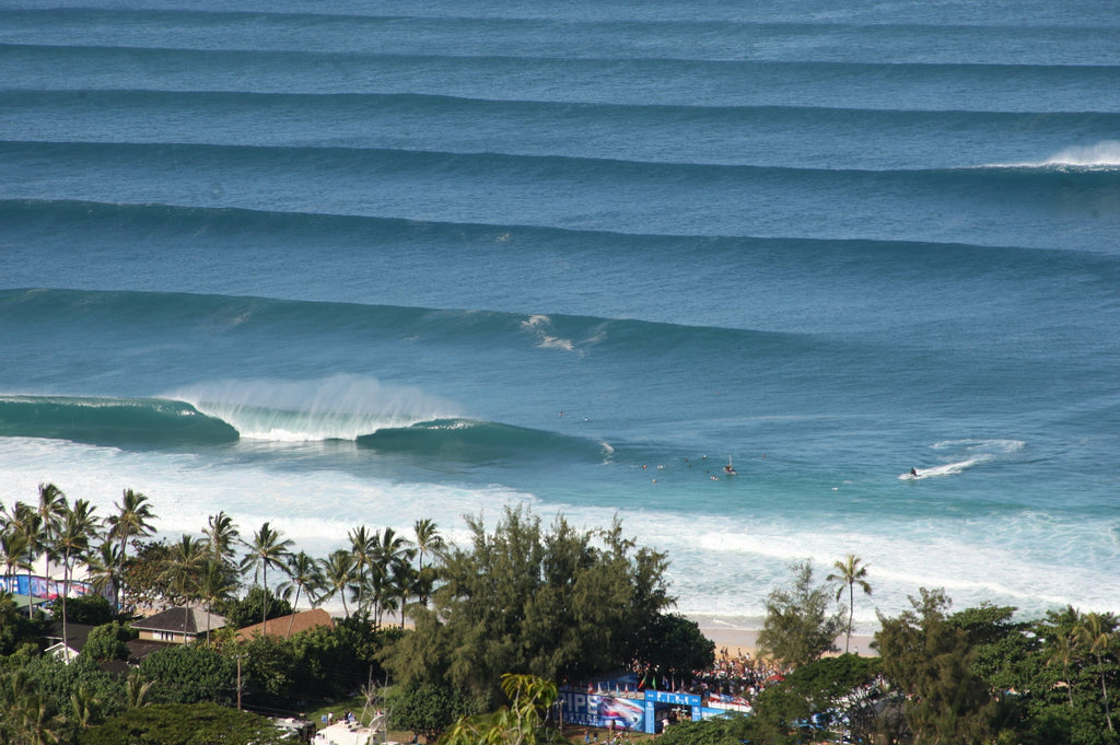An aerial view of long lines of waves rolling toward a palm-lined beach