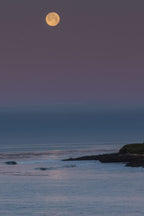 A moon rising over a calm sea at dusk