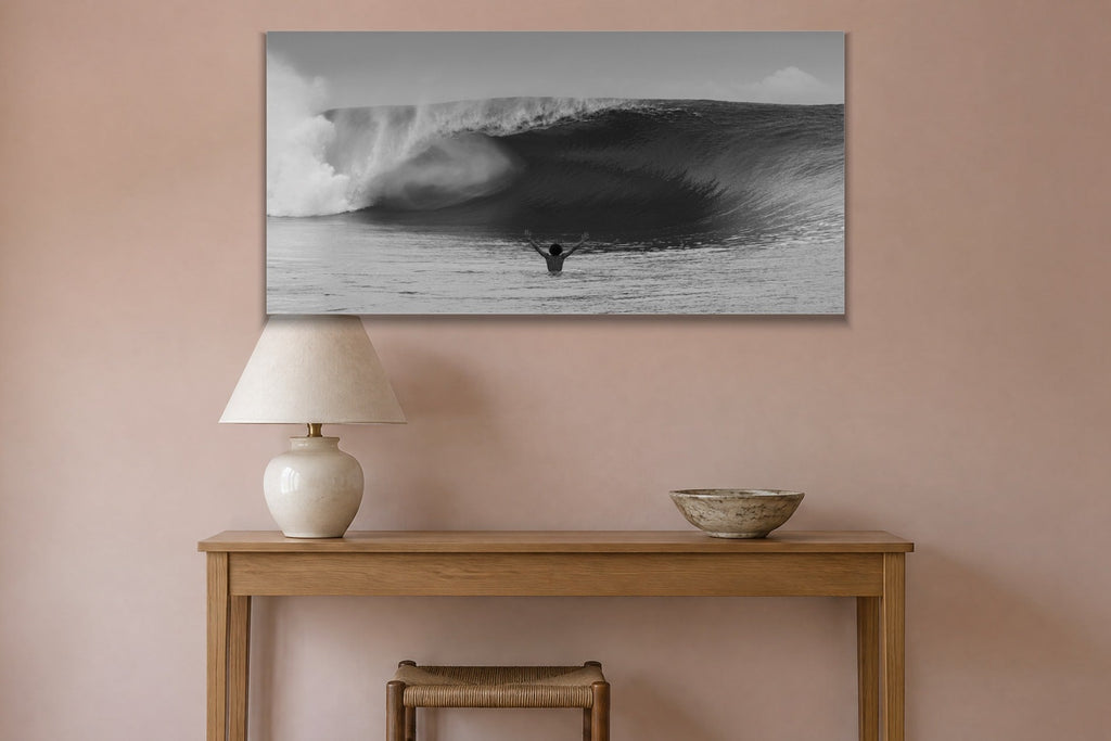 Arms Up metal print hanging above furniture in a living space