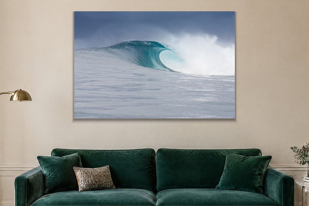 Blue Wave metal print hanging above furniture in a living space