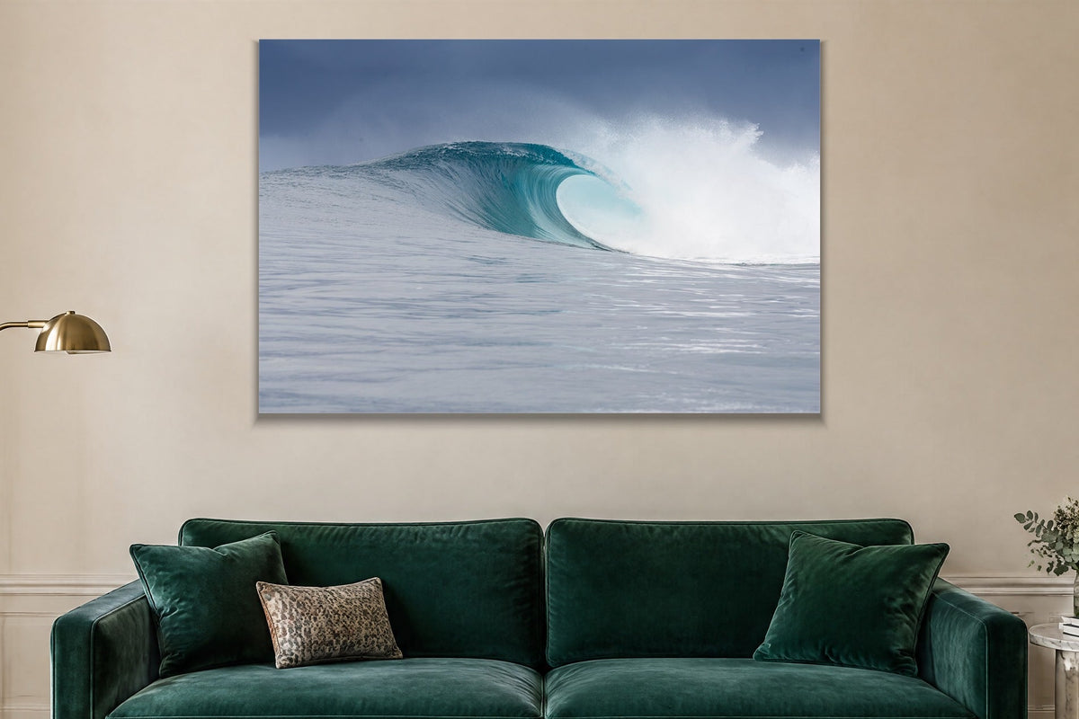 Blue Wave metal print hanging above furniture in a living space