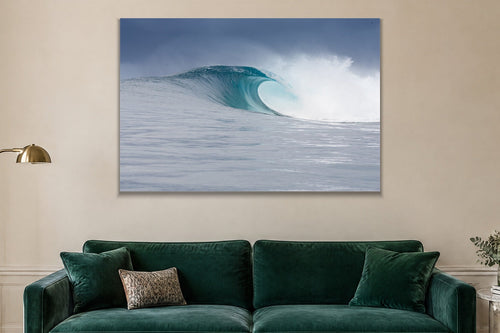 Blue Wave metal print hanging above furniture in a living space