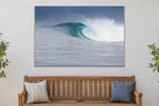 Blue Wave metal print hanging above furniture in a living space