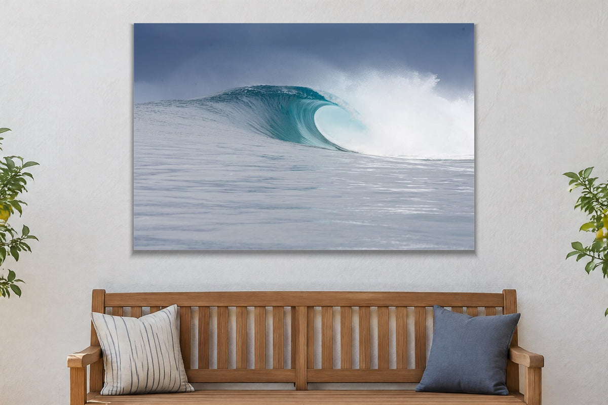 Blue Wave metal print hanging above furniture in a living space