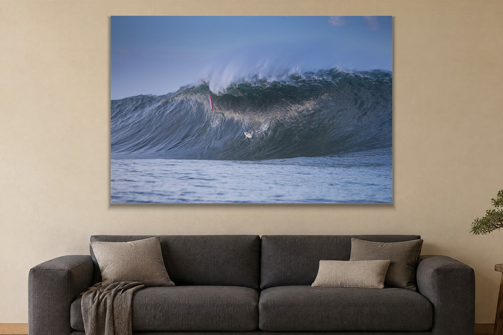 Deep Breath metal print hanging above furniture in a living space