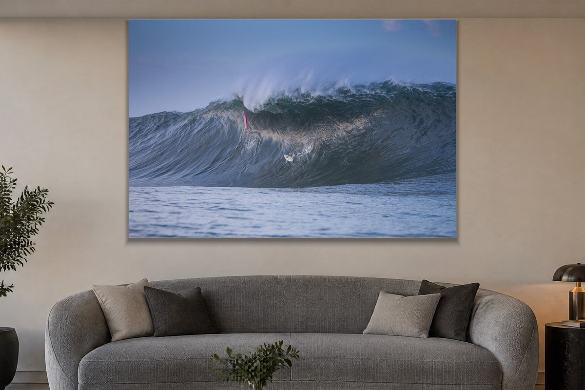 Deep Breath metal print hanging above furniture in a living space