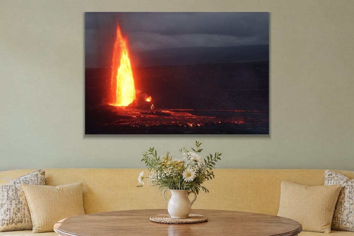 Fire From the Earth metal print hanging above furniture in a living space
