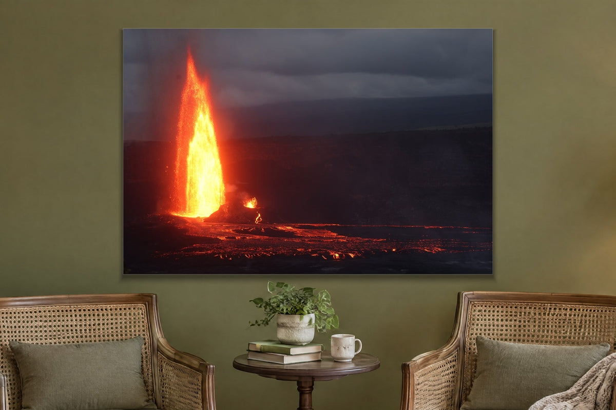 Fire From the Earth metal print hanging above furniture in a living space