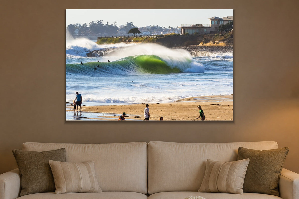 Glass on the Sand metal print hanging above furniture in a living space