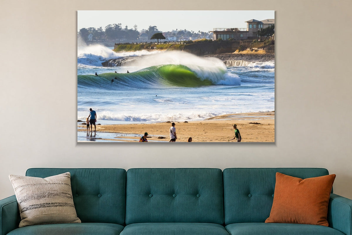 Glass on the Sand metal print hanging above furniture in a living space