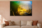 Golden Barrel metal print hanging above furniture in a living space