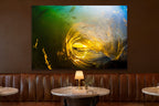Golden Barrel metal print hanging above furniture in a living space