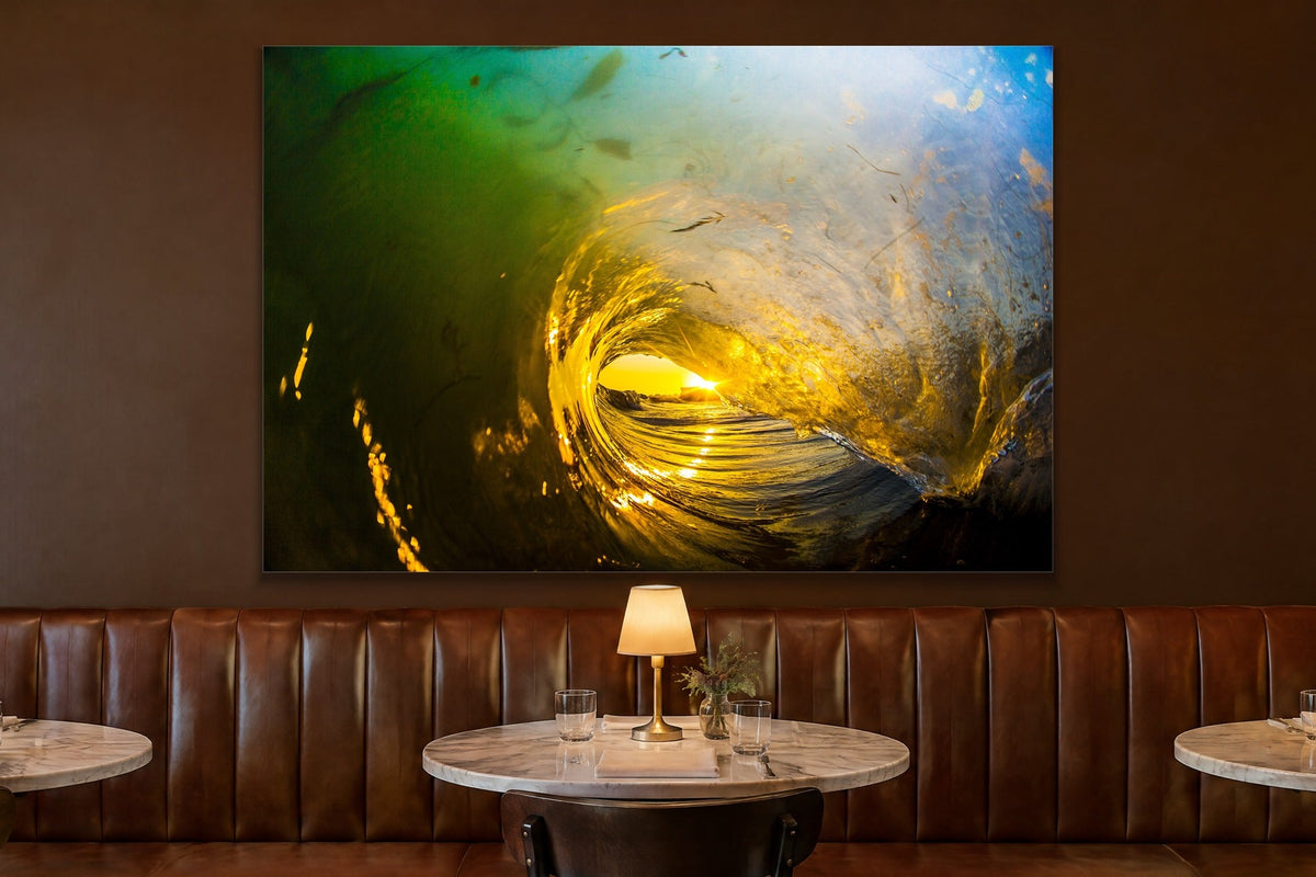 Golden Barrel metal print hanging above furniture in a living space