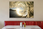 A wave tube with warm golden light shining through textured water shown large on the wall of a lived-in room