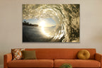 A wave tube with warm golden light shining through textured water shown large on the wall of a lived-in room