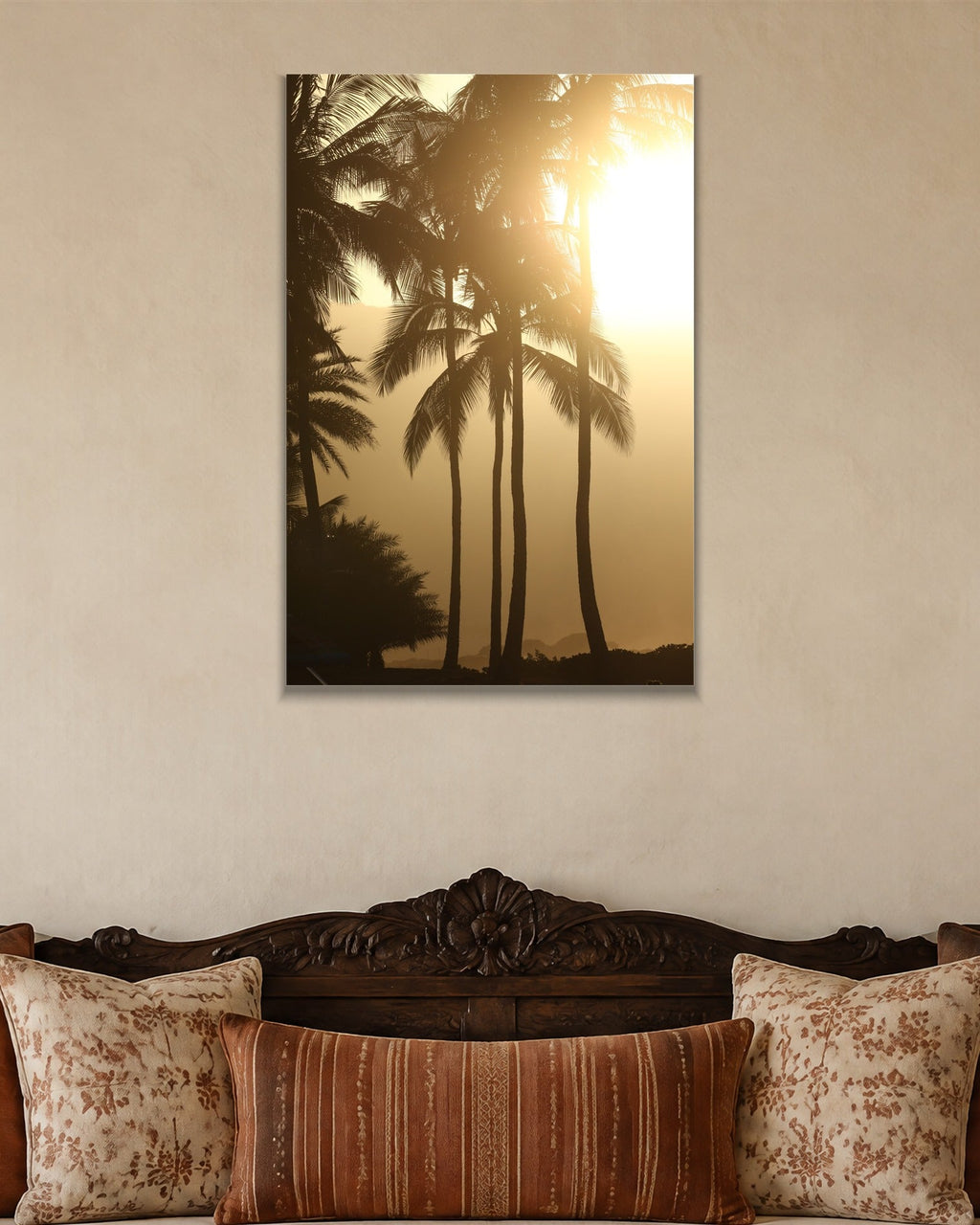 Golden Palms metal print hanging above furniture in a living space