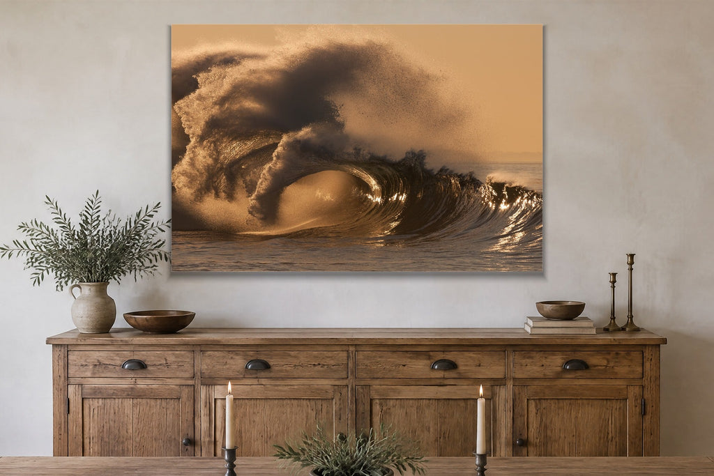 Golden Spray metal print hanging above furniture in a living space