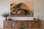 Golden Spray metal print hanging above furniture in a living space
