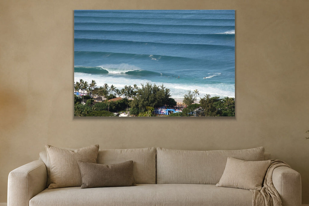 Lined Up metal print hanging above furniture in a living space