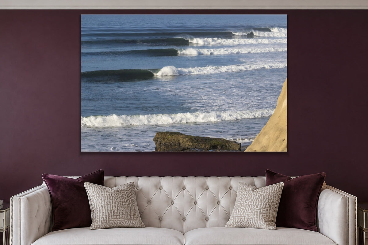 Point Lineup metal print hanging above furniture in a living space
