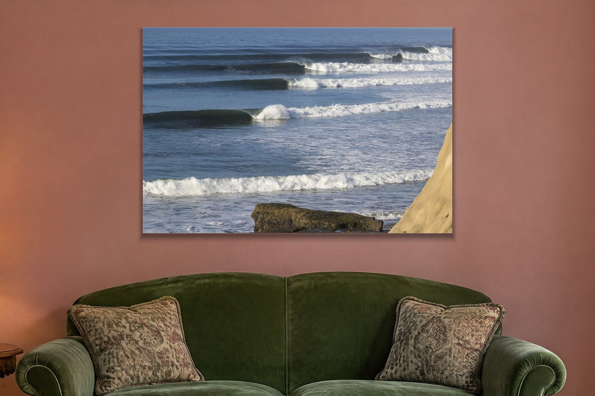 Point Lineup metal print hanging above furniture in a living space