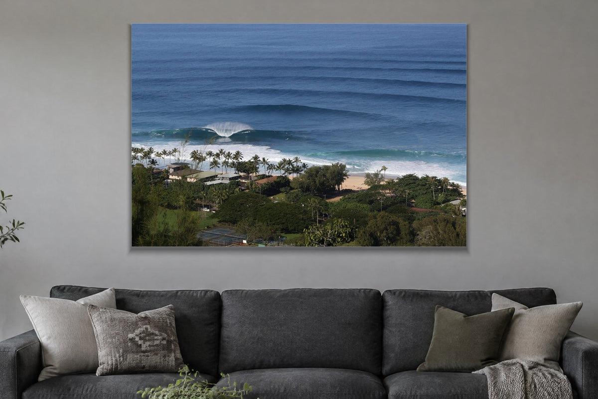 Long lines of swell approaching a palm-lined beach from above shown large on the wall of a lived-in room