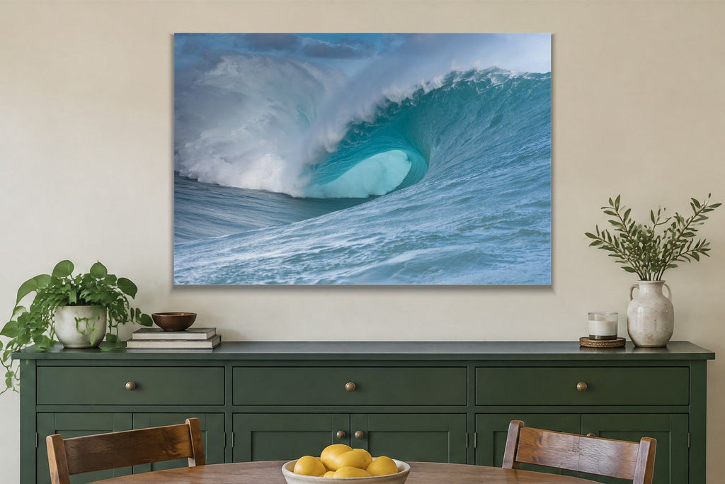 Teal Wave Barrel metal print hanging above furniture in a living space