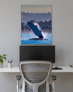 The Whale Wave metal print hanging above furniture in a living space