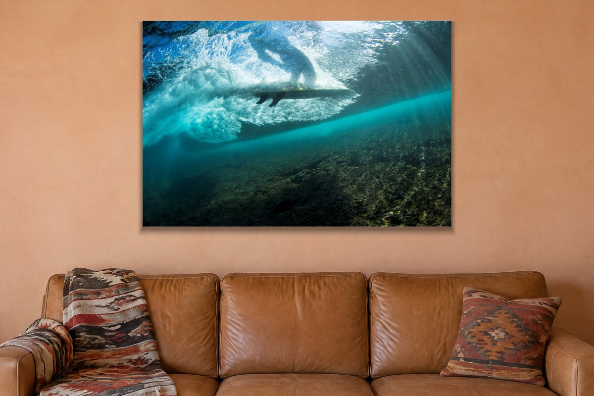 Under the Lip metal print hanging above furniture in a living space
