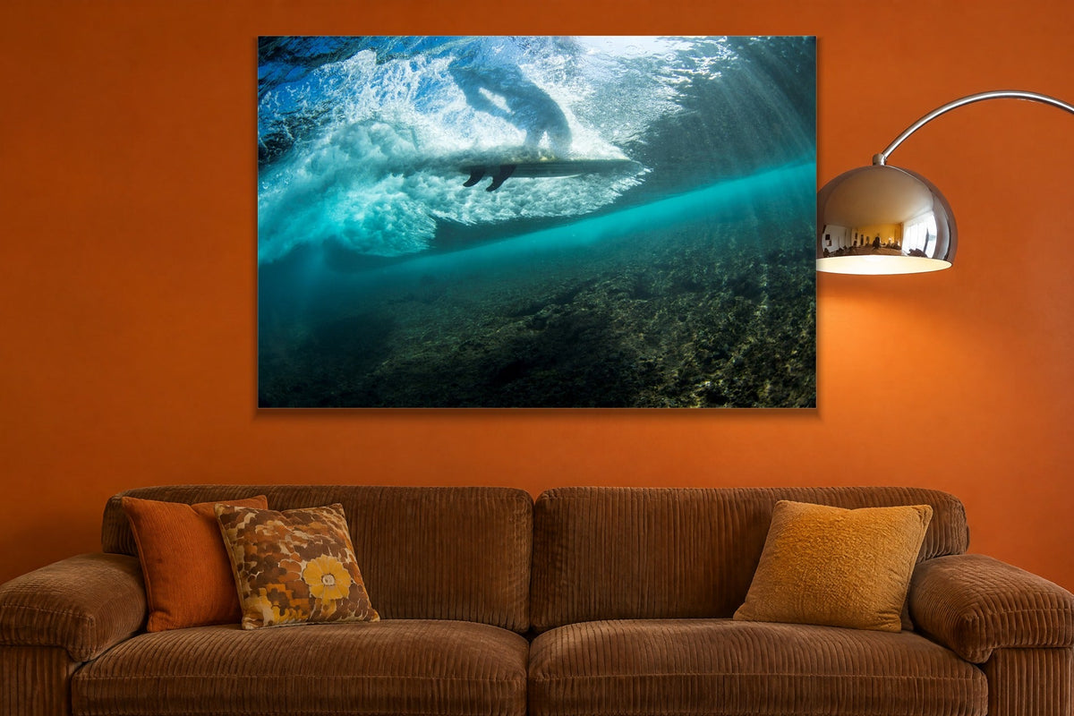 Under the Lip metal print hanging above furniture in a living space