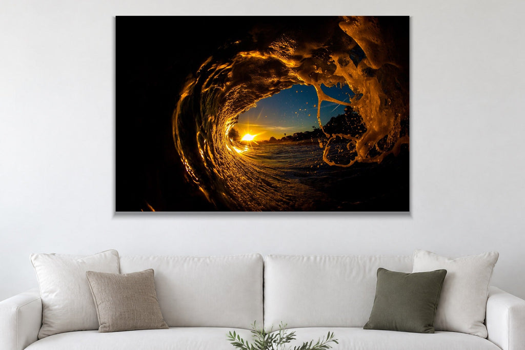 Sun Through the Wave metal print hanging above furniture in a living space