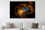 Sun Through the Wave metal print hanging above furniture in a living space