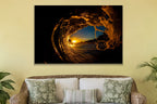 Sun Through the Wave metal print hanging above furniture in a living space