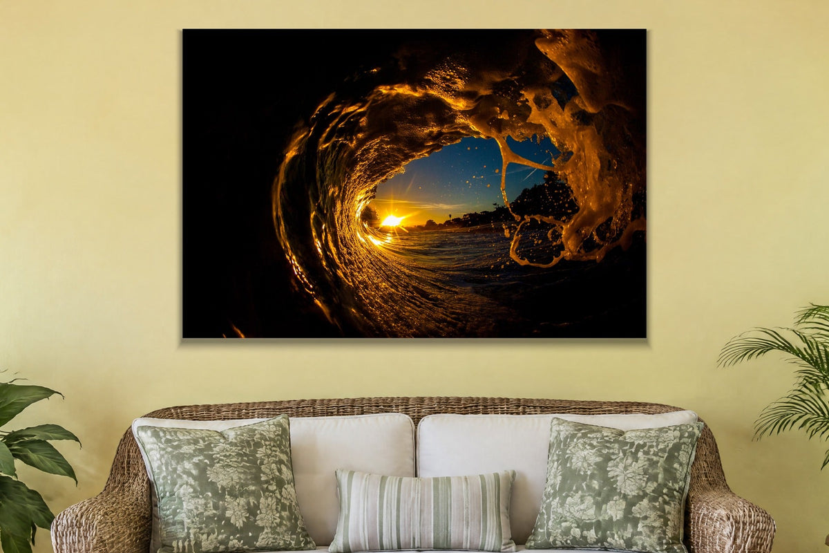 Sun Through the Wave metal print hanging above furniture in a living space