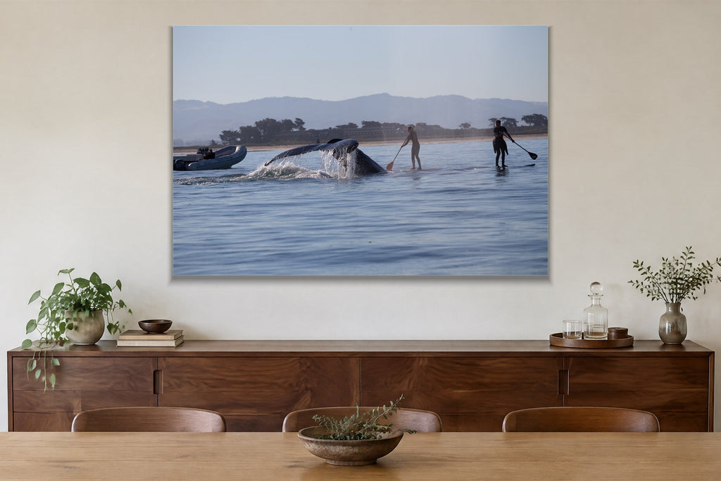 Whale Visit metal print hanging above furniture in a living space