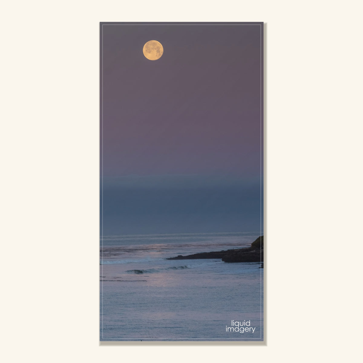 Moonrise beach towel by Liquid Imagery, full moon over a quiet coastline, shown upright